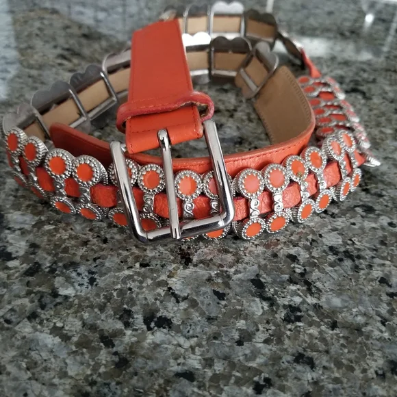 Vintage Rare Berge Orange Genuine Italian Leather And Metal Belt